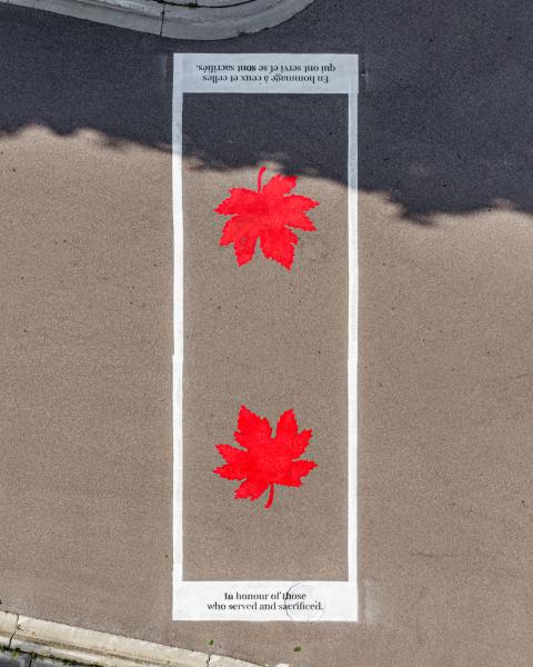 Veteran's memorial crosswalk outside of town hall aerial view