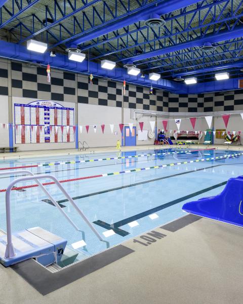 An indoor swimming pool with a toddler slide