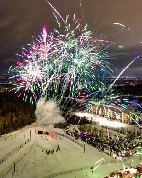 Fireworks exploding above the sliding hill at Winter Wonderland Park, Quinn Court.