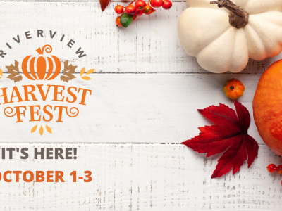 Graphic showing pumpkins and red leaves on a white background. Riverview Harvest Fest logo above text that reads 