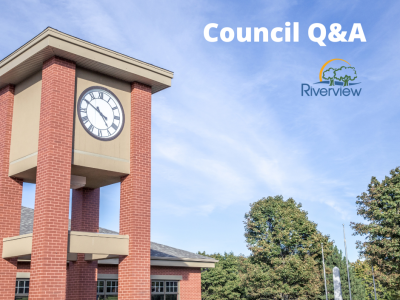 Clock tower outside riverview town hall text reads Council Q&A