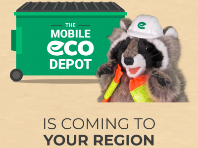 Eco360's racoon mascot wears a safety vest standing in front of a green bin labelled 'Mobile Eco Depot'