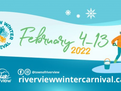 Banner displaying Riverview Winter Carnival snowflake logo, two people on showshoes and the date "February 4-13, 2022." The image is a mix of vivid blues. 